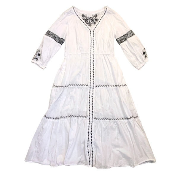 JADE White Black Cotton Peasant Maxi Midi Dress Long Sleeves Floral Medium - Picture 1 of 13